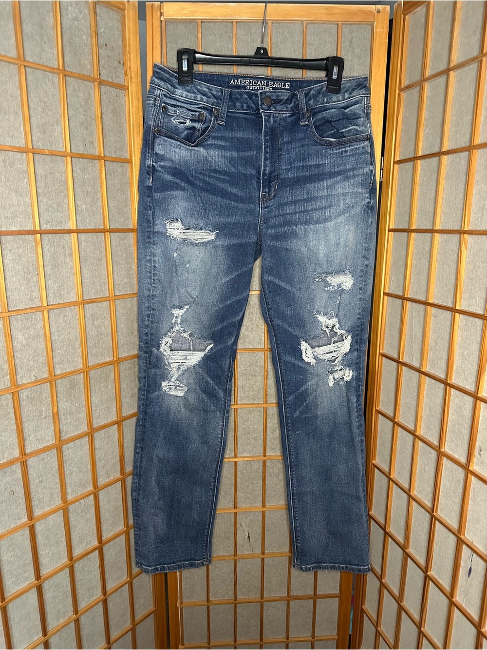 American Eagle Outfitters Distressed Blue Stretch Denim High Rise Slim Jeans 12S